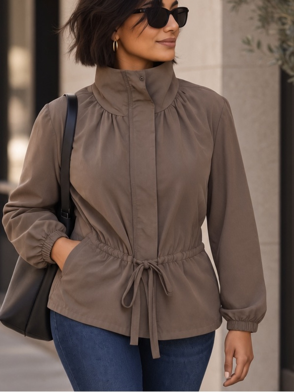 LOFT Taupe Funnel Neck Cinched Waist Spring Fall Jacket XL